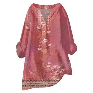 Imagem de Camiseta feminina de algodão e linho, estampa floral, manga comprida, abotoada, gola V, casual, folgada, Vermelho, 5G