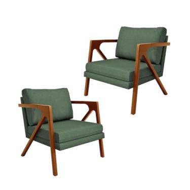 Imagem de Kit 2 Poltronas Decorativas Lúcia Madeira Maciça Luxo Para Sala de Estar, Escritório e Recepção Linho Verde - Loja Monte Belo