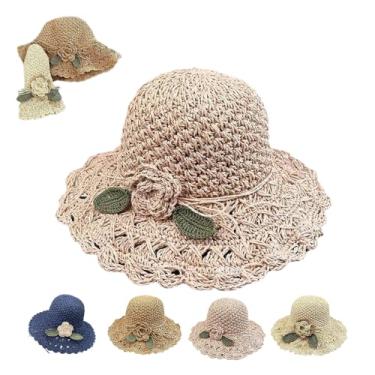 Imagem de Chapéus de palha para mulheres, chapéu de palha de crochê elegante com detalhe de babado, chapéus de crochê de proteção solar dobráveis ​​de praia de verão/1399