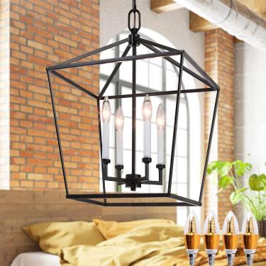 Imagem de Lanterna decorativa pendente iluminação Lanterna de teto de 4 luzes Lustre industrial com gaiola de luz, luminária de teto com altura de suspensão ajustável vintage para foyer Hall Farmhouse