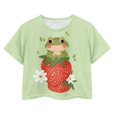 Imagem de Watdotory Camiseta de 4 de julho para meninas de 7 a 8 anos com a bandeira dos EUA Crop Tops Kids Outfit Independent Day Graphic Tee-, Sapo verde morango, P