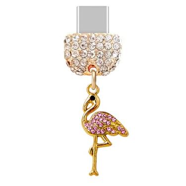 Imagem de ELISE & FONDA TP267 Tipo-C porta de carregamento USB cristal antipoeira pequeno flamingo pingente de celular para telefones Samsung/Huawei/OnePlus/Xiaomi/oppo Android (rosa dourado), approx.1.4 cm (L)