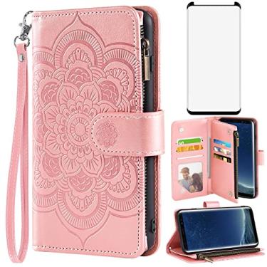 Imagem de Asuwish Capa carteira compatível com Samsung Galaxy S8 e protetor de tela de vidro temperado flor couro flip porta-cartão com suporte para celular para Glaxay S 8 Gaxaly 8S Edge SM-G950U feminino ouro