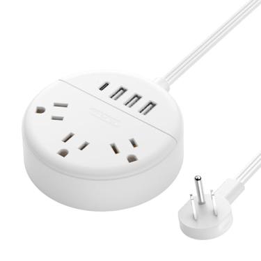 Imagem de Tira de alimentação de tomada plana com portas USB, estação de carregamento de mesa NTONPOWER com cabo de extensão curto de 1,5 m, montagem na parede, tamanho pequeno para mesa de cabeceira de dormitório escritório, viagem, branco