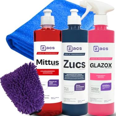 Imagem de Kit lavagem automotiva Zacs Mittus Glazox Zucs Selante Cerâmico Shampoo Restaurador de Plasticos + Pano Luva