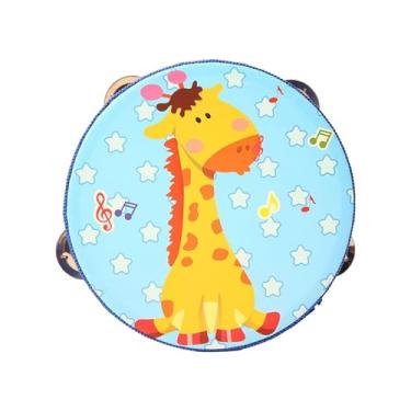 Imagem de rockible Tamborim de madeira Tamborim de mão Tamborim de mão Sino Instrumento musical Brinquedo educativo para crianças Dançando Festa Concerto Presentes, Girafa Azul, 15cm