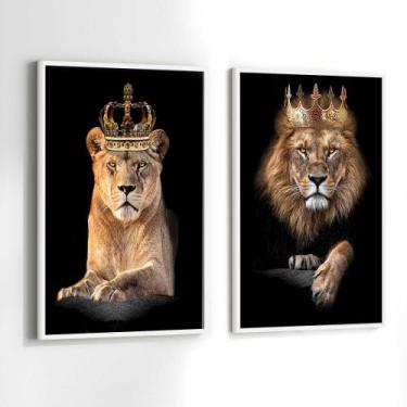 Imagem de Quadros Decorativos com Moldura  Leão e Leoa Família Coroa Sala Quarto