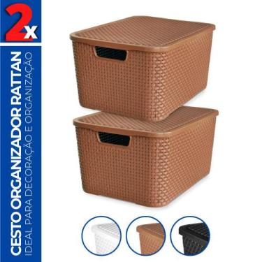 Imagem de Kit 2 Caixas Cesto Rattan Organizadora c/ Tampa Multiuso 20L - Arqplas