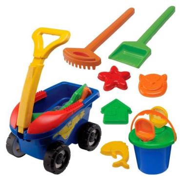 Imagem de Kit 11 Pecas Carrinho de Praia com Baldinho + Pazinhas e Rastelo + For