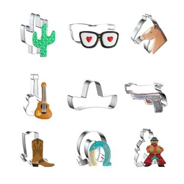 Imagem de WJSYSHOP Conjunto de 9 peças de cortadores de biscoito de caubói ocidental - óculos de cacto, violão, cavalo, mexicano, cinco de maio, chapéu sombrero, pistola, bota de caubói, ferradura, caubói - B