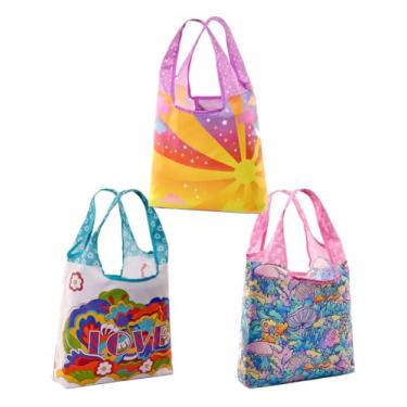 Imagem de O-WITZ Sacolas reutilizáveis de mercearia | Sacola vibrante para compras, academia, equipamento de praia, brinquedos e mais | Design lavável com alças grandes para máxima conveniência | Dobra em uma bolsa pequena, pacote com 3, frutas e vegetais