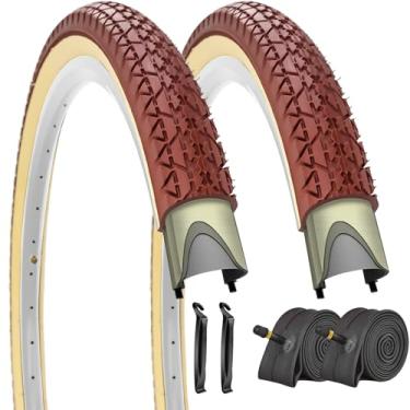 Imagem de SIMEIQI 1 ou 2 pacotes 26 x 2,125 pneus de bicicleta Beach Cruiser e tubos de parede marrom creme (2 pneus, 2 tubos, 2 alavancas, 26 x 2,125)
