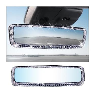 Imagem de AUCELI Espelho retrovisor de carro, espelho retrovisor interno com strass brilhante com vidro HD, espelho retrovisor de clipe grande angular com diamante de cristal brilhante, acessórios de decoração de carro para mulheres (prata)