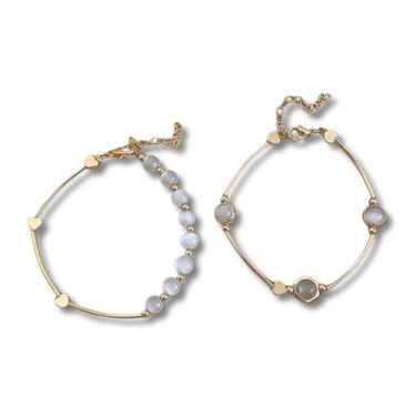 Imagem de Conjunto de Pulseiras Femininas "Heart Fashion" com Pedra Opala – Cobre – 20cm – Simbologia de Proteção e Equilíbrio – Estilo Delicado e Sofisticado – Acompanha Bolsa de Veludo