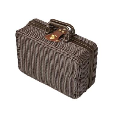 Imagem de ＫＬＫＣＭＳ Mala de vime retro pp, caixa de armazenamento de cesta de de vime, escaninho de adereços, bolsa de vime vintage para casa, escritório, marrom, eu