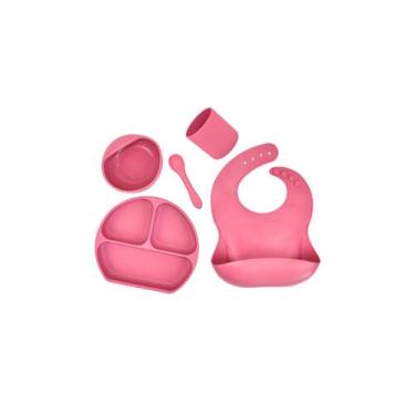 Imagem de Kit Introdução Alimentar Silicone Prato Babador Copo Colher Rosa Chicl