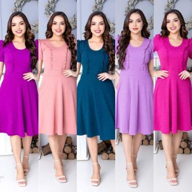 Imagem de Vestido  Mídi Godê Jacquar Babados no Busto Moda Evangélica - Plena Pe