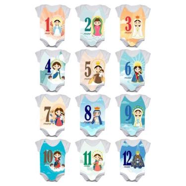 Imagem de Body Bebê Mesversario Nossa Senhora Kit 12 Bodies Santinhas 1 a 12 Mes