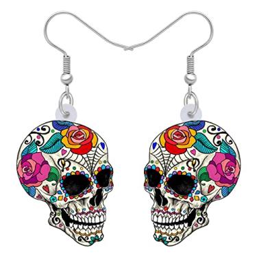 Imagem de YINYA Brincos de caveira de açúcar de acrílico para o Dia das Bruxas com pingente de flores, joias assustadoras, presentes assustadores para mulheres, lembrancinhas de festa, Medium, Acrílico, Sem