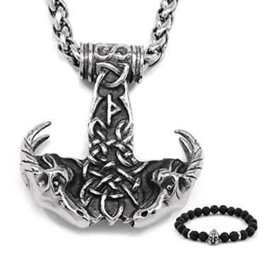 Imagem de BaviPower Mjolnir Thor Martelo Cabeça Dupla Cabra Colar 4 mm Corrente de quilha Aço Inoxidável Asatru Pagan Joia para Homens e Mulheres