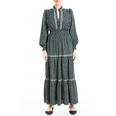 Imagem de Max Studio Vestido longo feminino crepe manga longa em camadas, Sinete simples verde, G
