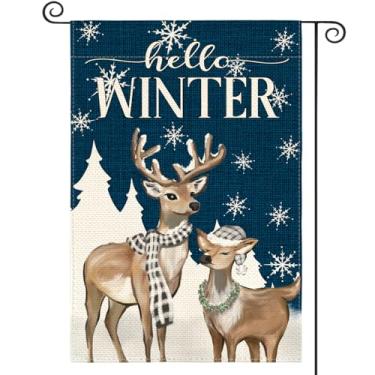 Imagem de AVOIN colorlife Hello Winter Rena Floco de Neve Bandeira de Jardim 30,5 x 45,7 cm Dupla Face Exterior, Bandeira Decorativa Exterior Azul