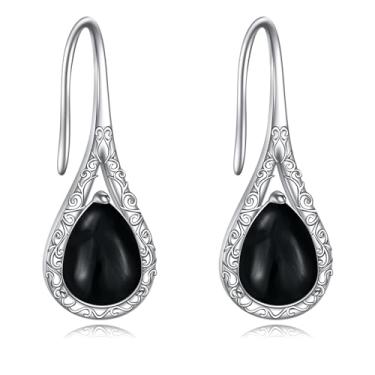 Imagem de Brincos de gota prata esterlina brincos florais nórdicos pedra da lua/lápis-lazúli/larimar/peridoto/ônix preto/joia de opala rosa, banhado a ouro branco, Pedra da lua