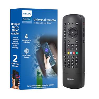 Imagem de Controle remoto Philips Universal Companion para Samsung, Vizio, LG, Sony, Roku, Apple TV, RCA, Panasonic, Smart TVs, reprodutores de streaming, Blu-ray, DVD, 4 dispositivos, Flip & Slide Roku, preto