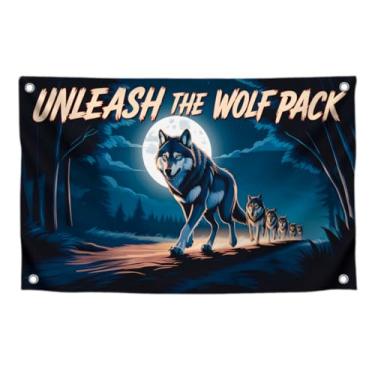 Imagem de Bandeira com citação "Unleash the Wolf Pack" com 4 argolas de latão - Bandeira com imagem do pacote de lobos para decoração de parede - Banner de poliéster para exterior ou interior