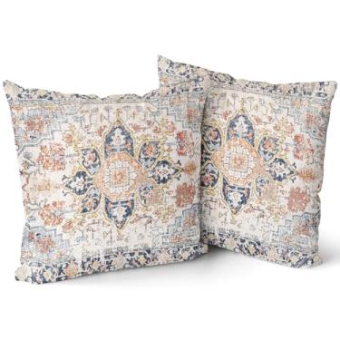 Imagem de Capas de almofada vintage boêmias azul-petróleo azul creme 45,7 x 45,7 cm mostarda amarelo azul-cinza boho tapete de flores oriental conjunto de fronhas 2 tapeçarias antigas retrô almofadas para