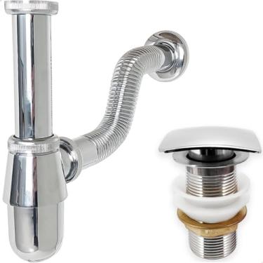 Imagem de Dona D cor, Sifão Copo Cromado Metal 1 1/4 Ajustável E Valvula Click Quadrada Inox 40mm Kit Pia Lavatório Cuba Banheiro Sifão Aparente Tubo De Saída Adaptável