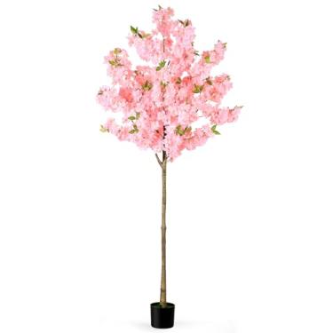 Imagem de OUSHENG Árvore de cerejeira artificial, plantas falsas, decoração interna, flores de Sakura rosa falso para sala de estar, casa, entrada, quarto, escritório, decorações internas, 1,8 m