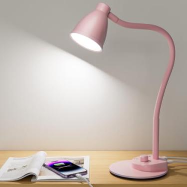 Imagem de BOHON Linda luminária de mesa com porta de carregamento USB, lâmpada rosa de 3 modos de cores, lâmpada de leitura de LED regulável, flexível pescoço de ganso, luz de tarefa de mesa com escurecimento