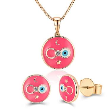 Imagem de LGSY Conjunto de joias de brinco de colar de 33,5 cm com design redondo de estrela e lua cúbica banhada a prata, Metal, Zircônia cúbica