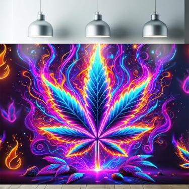 Imagem de Starlit Patio Tapeçaria de Cannabis Folha de Maconha Luz Negra Brilha no Escuro UV Reativo Neon Cool Trippy Weed Tapeçaria de Parede Trippy Art Poster para Quarto Sala de Estar Dormitório Decoração 78