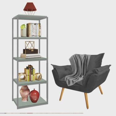 Imagem de Kit Poltrona Fatte com Manta Soft Cinza e Estante Livreiro Ferro Prata mdf Verde Oliva Suede Cinza - Ahz Móveis