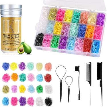 Imagem de Laços de cabelo elásticos, mini faixas elásticas de cabelo com ferramentas de penteado, escova de cabelo, escova de borda, pente de cauda de rato e bastão de cera de cabelo (24 cores de laços de