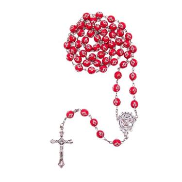 Imagem de Wowser Terço de confirmação da cruz do Espírito Santo, contas vermelhas de 8 mm, crucifixo prateado, comprimento de 54,6 cm