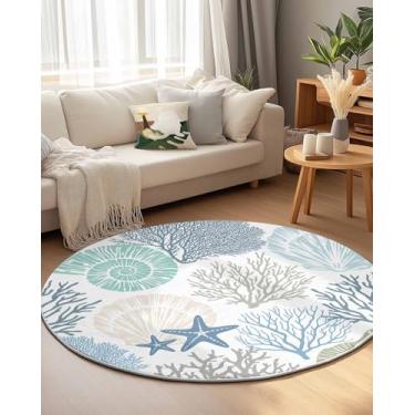 Imagem de Tapete redondo, conchas do oceano azul, círculo coral, tapete de sala de estar, tapete antiderrapante, tapete de concha, estrela-do-mar, vida marinha, tapetes macios e confortáveis para quarto de
