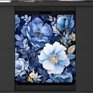 Imagem de DJYQBFA Pintura azul floral planta máquina de lavar louça, capa decorativa para geladeira capa magnética reutilizável para porta de máquina de lavar louça, capa de adesivo de eletrodomésticos de