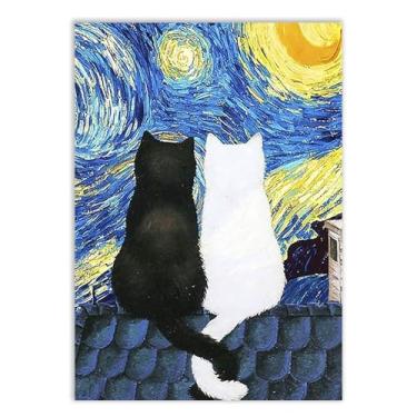 Imagem de Placa Decorativa Casal De Gatos Na Noite Estrelada Quarto Sala Decoração Poster