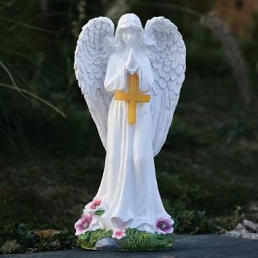 Imagem de Elegondrar Estátua de anjo ao ar livre com cruz, estátua de resina de 30,5 cm para o Dia das Mães, Natal, Ação de Graças, presentes de casa - Decorações externas para quintal, pátio ou gramado