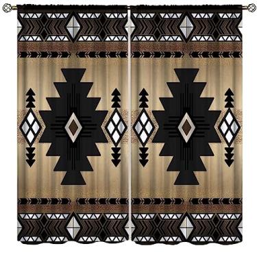 Imagem de Cortinas astecas, tratamentos de janela geométrica étnica retrô do sudoeste para sala de estar, cortinas tribais boho nativas conjunto de 2 painéis, 106 x 137 cm blackout