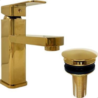Imagem de Dona D Cor, Kit Torneira Banheiro Dourada Bica Baixa E Valvula Click 7/8 Aço Inox Brilhoso Torneira Monocomando Misturador Bancada Lavabo E Ralo De Pia 3cm