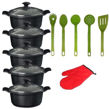 Imagem de Jogo Panelas Preto Cerâmica Talher Verde Javali Aal 16a24cm