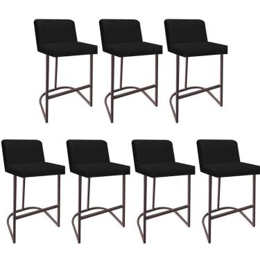 Imagem de Kit 07 Banquetas Com Encosto Noah Luxo Confort Bistrô Cozinha Ferro Marrom Suede Preto - Amey Decor