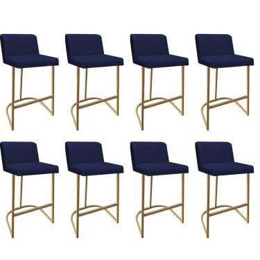 Imagem de Kit 08 Banquetas Com Encosto Confort Bistrô Cozinha Ferro Dourado Sintético Azul Marinho Amey Decor