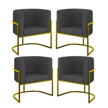 Imagem de Kit 04 Poltronas Lua Sala Decorativa Base Ferro Gold Corino Cinza