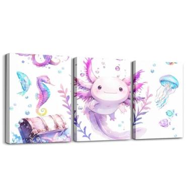 Imagem de Linda arte de parede em tela Axolotl de 3 peças para sala de estar, decoração de parede de animais salamandra para quarto escritório, coral mundo subaquático pronto para pendurar imagens decoração de