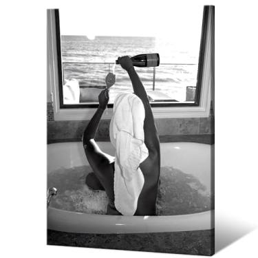 Imagem de Pôster moderno preto e branco engraçado mulher bebendo vinho na banheira arte de parede decoração de quarto de menina moda vintage bar carrinho impressões em tela para meninas dormitório banheiro